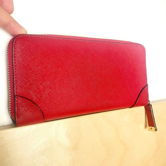 Calvin Klein Red Saffiano Leather Zip Around Long Wallet w/ Gold Interior - Picture 10 of 11